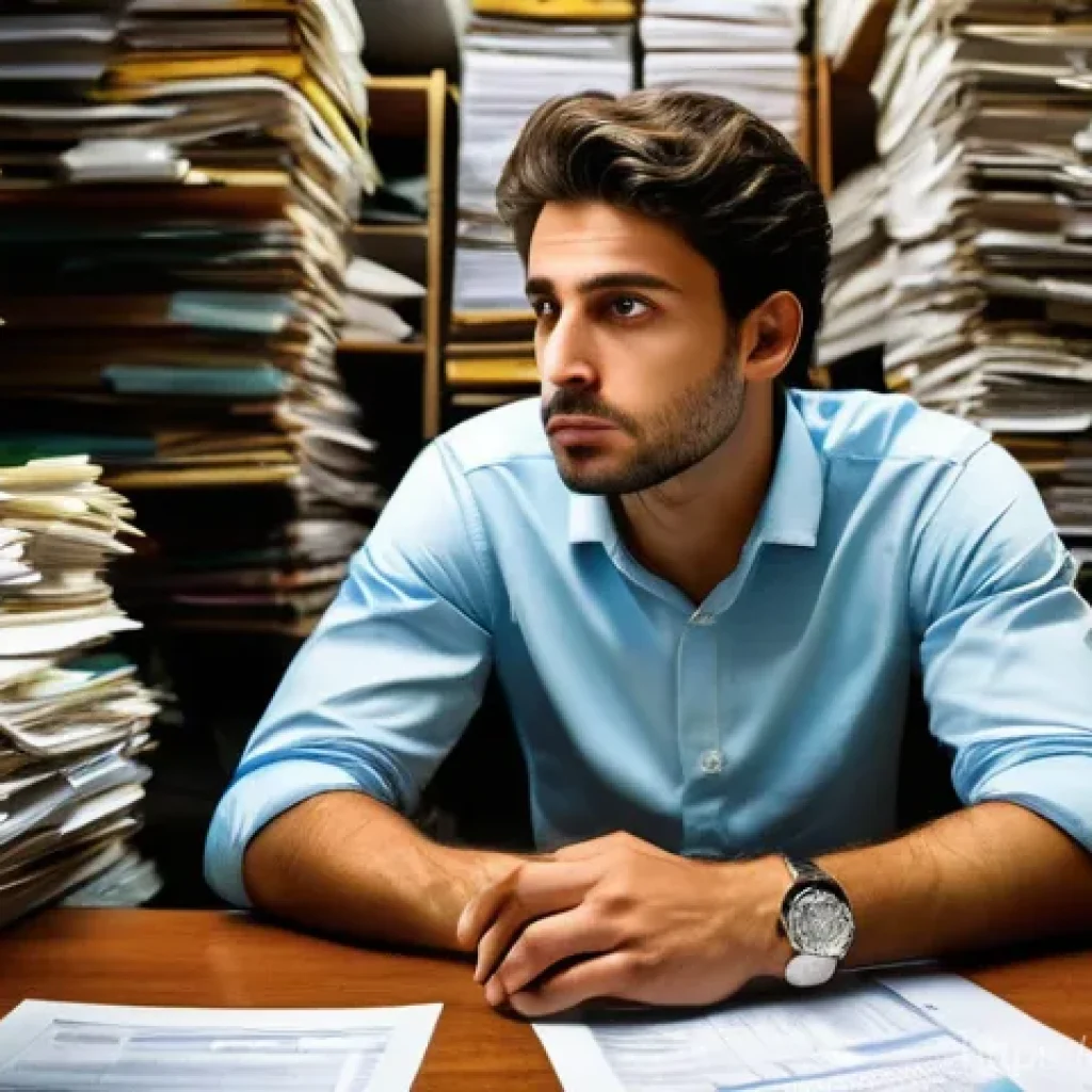 공인회계사와 개인 회계의 차이 - **Prompt:** A young Italian entrepreneur, appearing overwhelmed and stressed, is seated at a clutter...