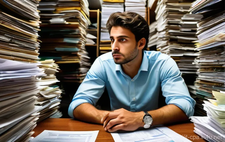 공인회계사와 개인 회계의 차이 - **Prompt:** A young Italian entrepreneur, appearing overwhelmed and stressed, is seated at a clutter...