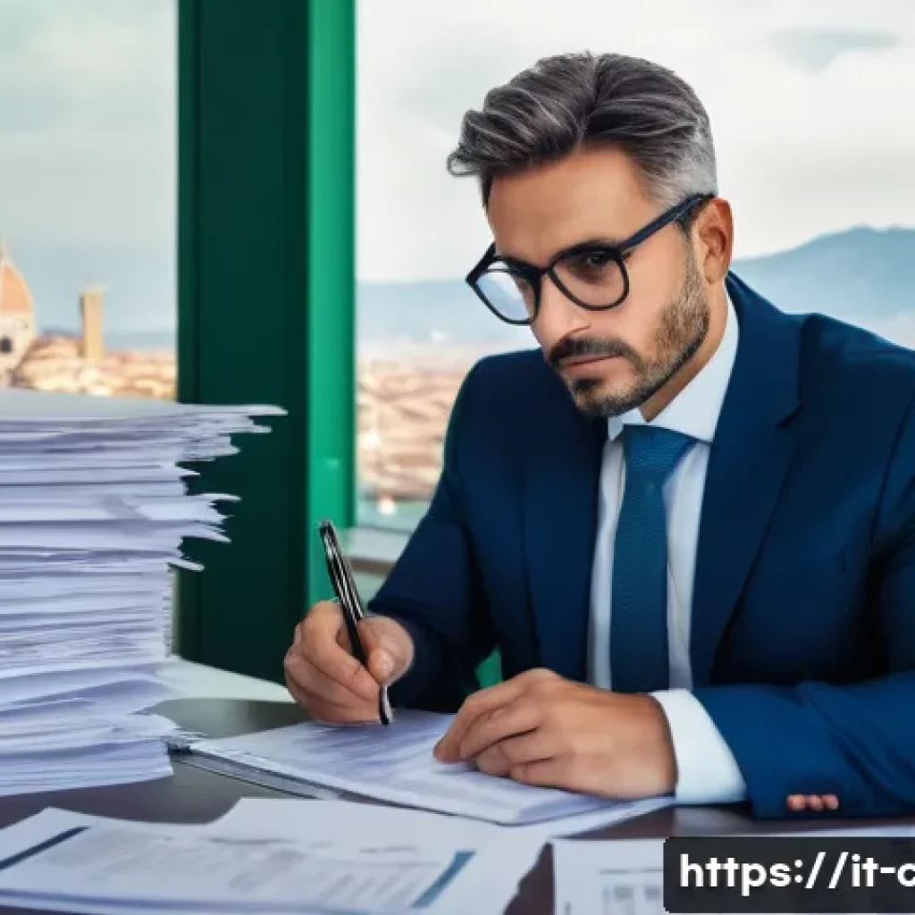 공인회계사와 세금 감사 기법 - A side-by-side comparison of two Italian business scenes. On the left, a stressed Italian 'imprendit...