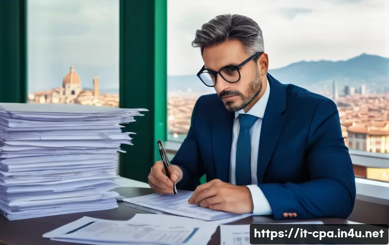 공인회계사와 세금 감사 기법 - A side-by-side comparison of two Italian business scenes. On the left, a stressed Italian 'imprendit...