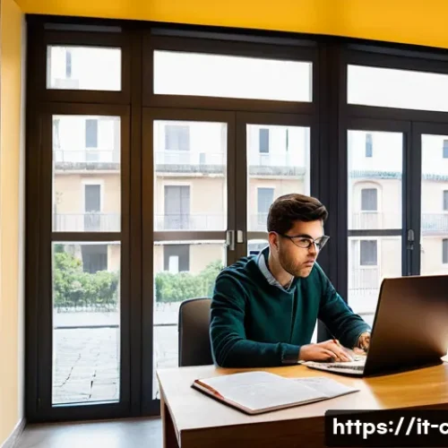 공인회계사 공부 시간 관리법 - A focused young adult studying at a tidy desk in a modern Italian apartment, natural daylight stream...