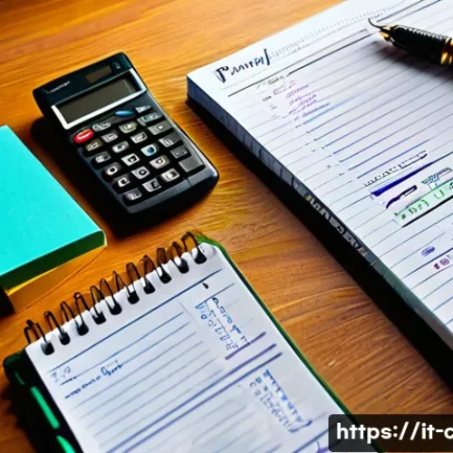 공인회계사 업무일기 작성법 - A professional Italian accountant’s workspace featuring a detailed paper diary open on a wooden desk...