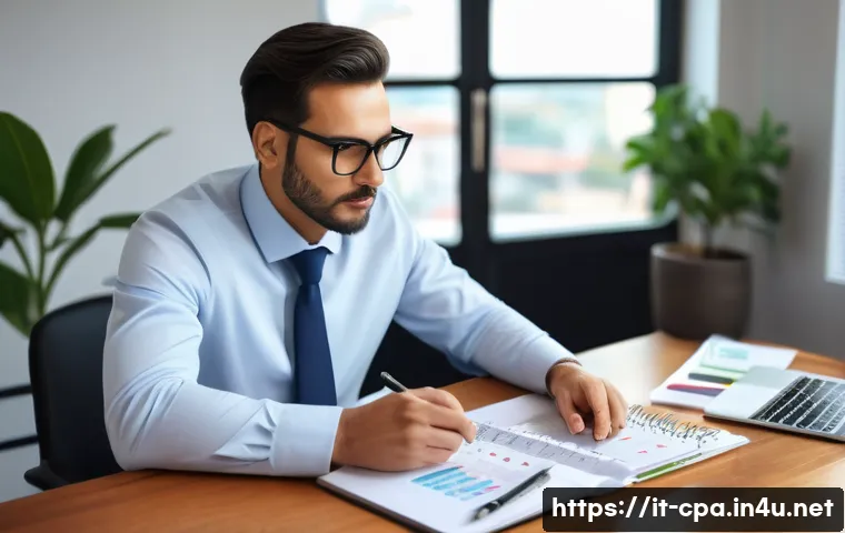 공인회계사 필수 서적 추천 - A focused Italian accounting auditor studying at a modern wooden desk in a bright, organized room wi...