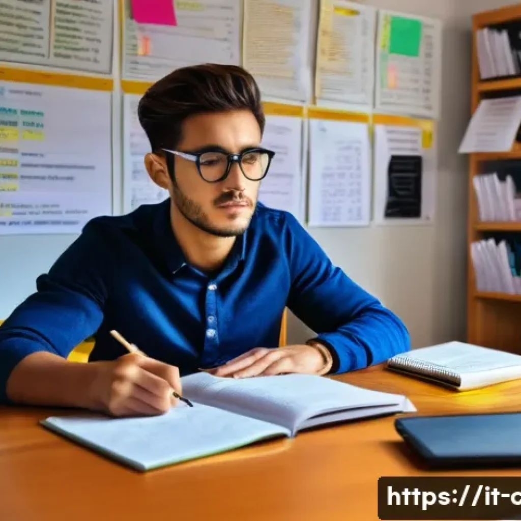 공인회계사 시험 피드백 활용법 - A focused Italian student in a cozy, well-lit home study room, sitting at a wooden desk cluttered wi...