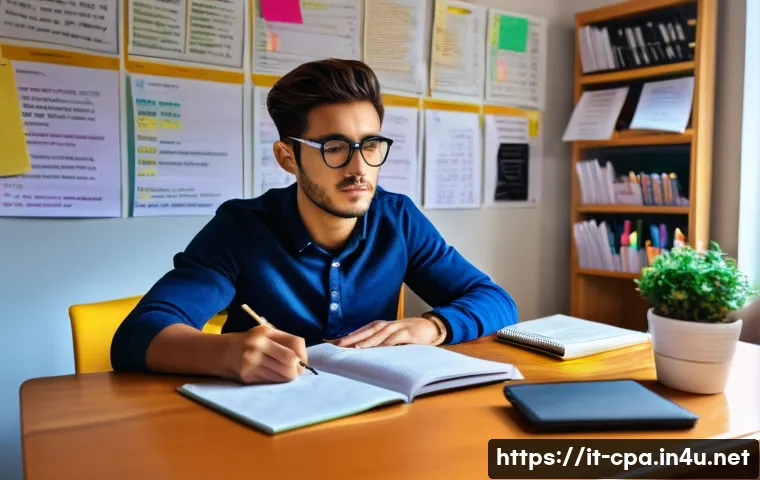 공인회계사 시험 피드백 활용법 - A focused Italian student in a cozy, well-lit home study room, sitting at a wooden desk cluttered wi...