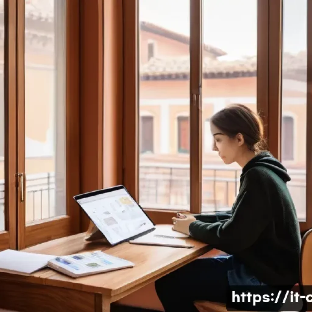 CPA 2차 시험 실전 팁 - A modern, cozy study room with an Italian student sitting at a wooden desk, surrounded by neatly org...
