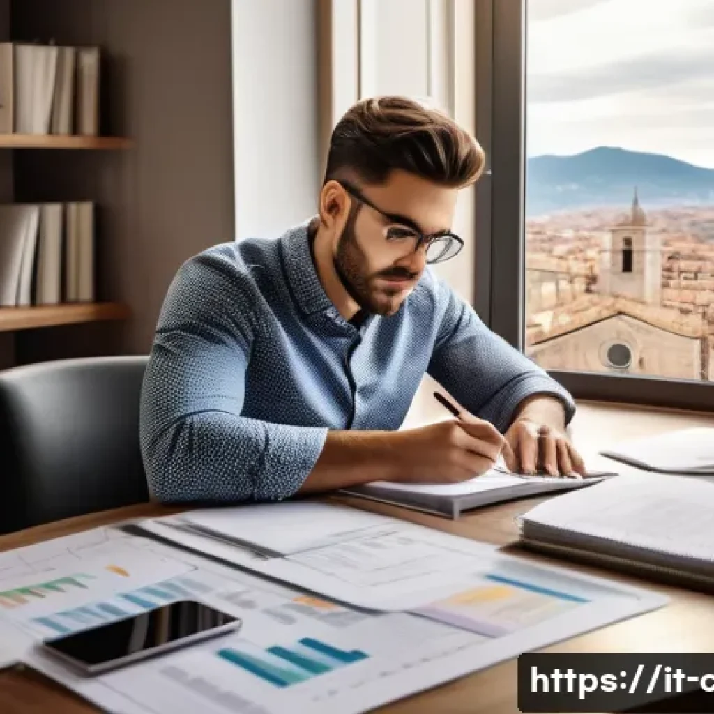 CPA 공부 계획표 작성하기 - A focused young Italian professional studying at a modern home office desk, surrounded by CPA exam t...