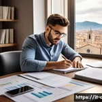 CPA 공부 계획표 작성하기 - A focused young Italian professional studying at a modern home office desk, surrounded by CPA exam t...