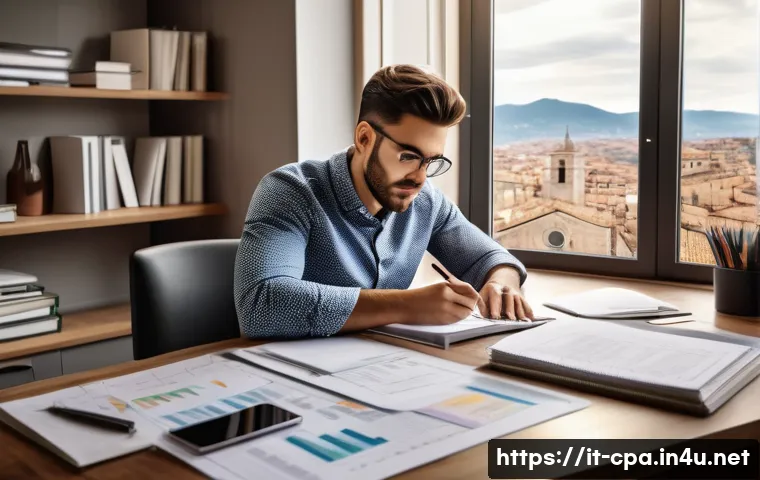 CPA 공부 계획표 작성하기 - A focused young Italian professional studying at a modern home office desk, surrounded by CPA exam t...