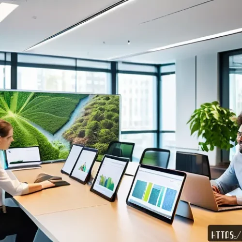 CPA와 ESG 감사 업무 - A modern corporate office environment showcasing a diverse team of professionals engaged in ESG impa...