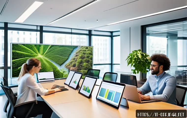 CPA와 ESG 감사 업무 - A modern corporate office environment showcasing a diverse team of professionals engaged in ESG impa...