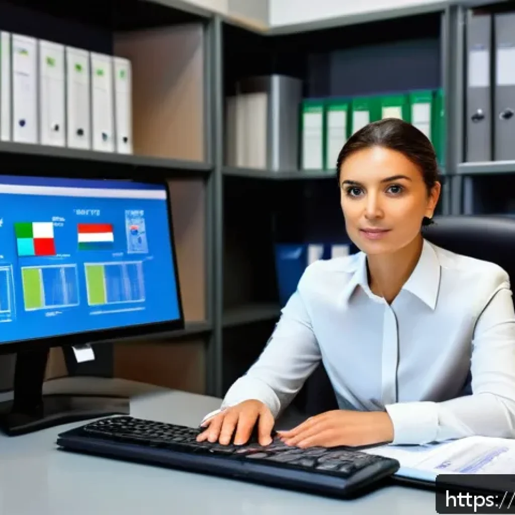 공인회계사 전문 서적 리뷰 - A modern professional office environment showing an Italian auditor at work, seated at a desk with m...