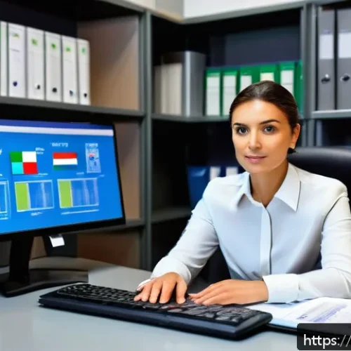공인회계사 전문 서적 리뷰 - A modern professional office environment showing an Italian auditor at work, seated at a desk with m...