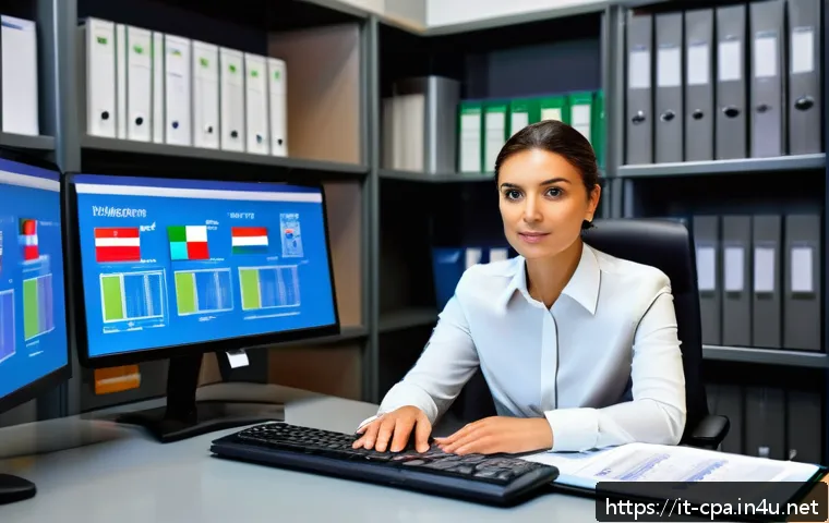 공인회계사 전문 서적 리뷰 - A modern professional office environment showing an Italian auditor at work, seated at a desk with m...