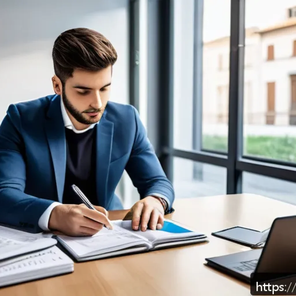 공인회계사 시험 후 휴식기 활용법 - A modern Italian professional workspace featuring a young adult male accountant studying with a lapt...