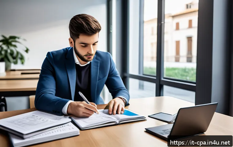 공인회계사 시험 후 휴식기 활용법 - A modern Italian professional workspace featuring a young adult male accountant studying with a lapt...