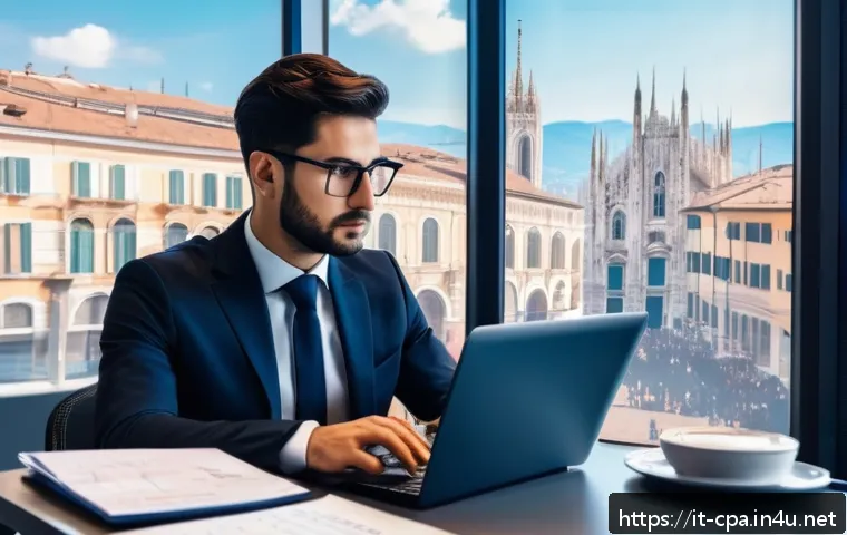 공인회계사 연봉 상승 요인 - A modern Italian accountant&rsquo;s office scene showing a professional in smart business attire working o...