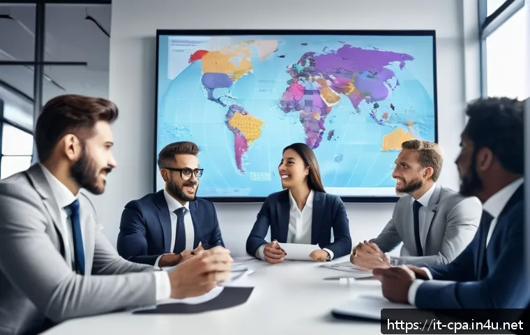 CPA와 국제 비즈니스 문화 - A diverse international business team in a modern office environment, engaged in a multicultural mee...