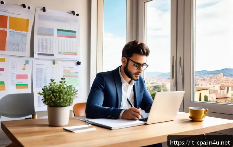 공인회계사 고득점 비법 - A focused young Italian professional studying at a modern desk in a bright, cozy room with large win...