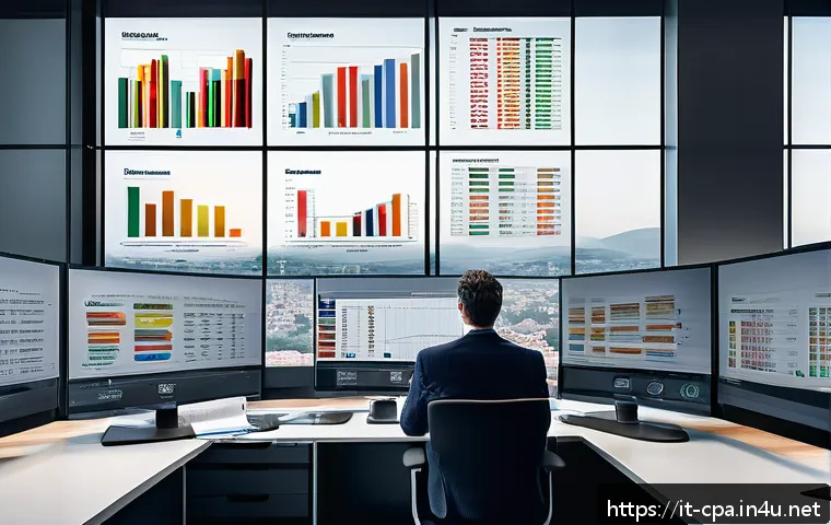 공인회계사 직업 만족도 - A modern Italian accountant's office scene showing a professional at work with dual computer monitor...