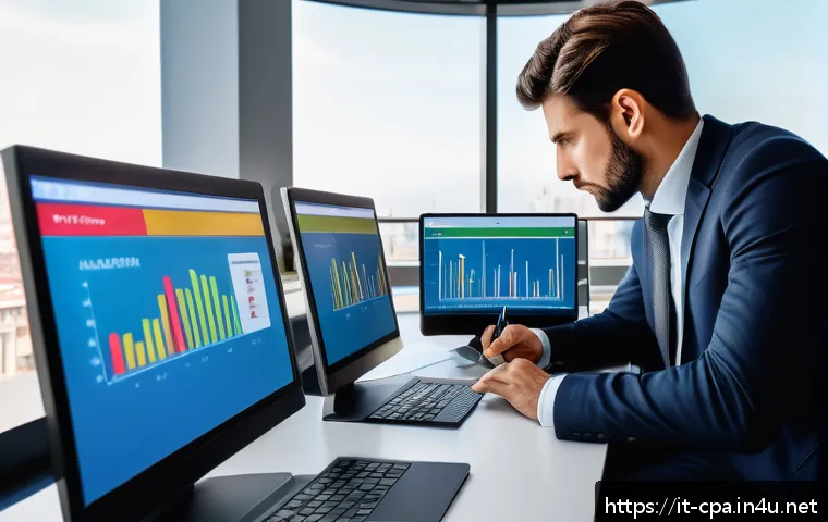공인회계사와 인공지능 활용 감사 - A modern Italian accounting office scene showing a professional auditor using advanced automated sof...